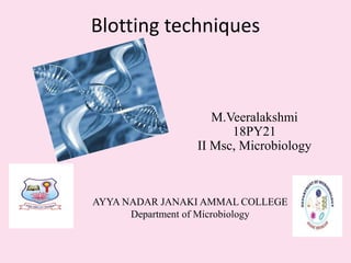 Blotting techniques
AYYA NADAR JANAKI AMMAL COLLEGE
Department of Microbiology
M.Veeralakshmi
18PY21
II Msc, Microbiology
 
