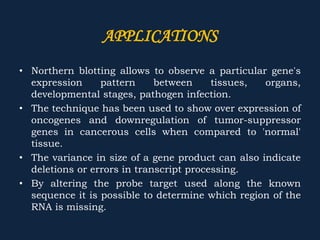 • Northern blotting allows to observe a particular gene's
expression pattern between tissues, organs,
developmental stages, pathogen infection.
• The technique has been used to show over expression of
oncogenes and downregulation of tumor-suppressor
genes in cancerous cells when compared to 'normal'
tissue.
• The variance in size of a gene product can also indicate
deletions or errors in transcript processing.
• By altering the probe target used along the known
sequence it is possible to determine which region of the
RNA is missing.
APPLICATIONS
 