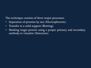 The technique consists of three major processes:
• Separation of proteins by size (Electrophoresis).
• Transfer to a solid support (Blotting)
• Marking target protein using a proper primary and secondary
antibody to visualize (Detection).
 