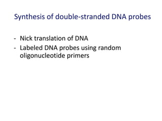 Synthesis of double-stranded DNA probes
- Nick translation of DNA
- Labeled DNA probes using random
oligonucleotide primers
 