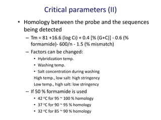 Critical parameters (II)
• Homology between the probe and the sequences
being detected
– Tm = 81 +16.6 (log Ci) + 0.4 [% (G+C)] - 0.6 (%
formamide)- 600/n - 1.5 (% mismatch)
– Factors can be changed:
• Hybridization temp.
• Washing temp.
• Salt concentration during washing
High temp., low salt: high stringency
Low temp., high salt: low stringency
– If 50 % formamide is used
• 42 oC for 95 ~ 100 % homology
• 37 oC for 90 ~ 95 % homology
• 32 oC for 85 ~ 90 % homology
 