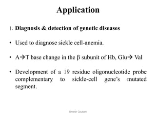 Application
1. Diagnosis & detection of genetic diseases
• Used to diagnose sickle cell-anemia.
• AT base change in the  subunit of Hb, Glu Val
• Development of a 19 residue oligonucleotide probe
complementary to sickle-cell gene’s mutated
segment.
Umesh Goutam
 