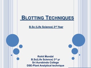BLOTTING TECHNIQUES
B.Sc (Life Science) 3rd Year
:
Rohit Mondal
B.Sc(Life Science) 3rd yr
Sri Aurobindo College
DSE-Plant Analytical technique
 
