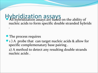Hybridization assaysAll hybridization assays are based on the ability of
nucleic acids to form specific double stranded hybrids
.
The process requires
1 ) A probe that can target nucleic acids & allow for
specific complemenatary base pairing .
2) A method to detect any resulting double strands
nucleic acids .
 