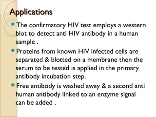 ApplicationsApplications
The confirmatory HIV test employs a western
blot to detect anti HIV antibody in a human
sample .
Proteins from known HIV infected cells are
separated & blotted on a membrane then the
serum to be tested is applied in the primary
antibody incubation step.
Free antibody is washed away & a second anti
human antibody linked to an enzyme signal
can be added .
 