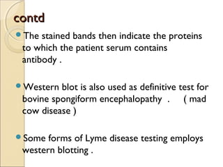 contdcontd
The stained bands then indicate the proteins
to which the patient serum contains
antibody .
Western blot is also used as definitive test for
bovine spongiform encephalopathy . ( mad
cow disease )
Some forms of Lyme disease testing employs
western blotting .
 