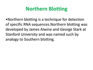 Northern Blotting
•Northern blotting is a technique for detection
of specific RNA sequences.Northern blotting was
developed by James Alwine and George Stark at
Stanford University and was named such by
analogy to Southern blotting.
 