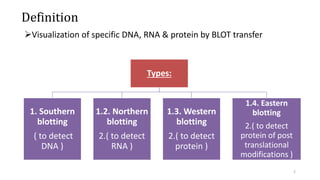 Definition
Visualization of specific DNA, RNA & protein by BLOT transfer
Types:
1. Southern
blotting
( to detect
DNA )
1.2. Northern
blotting
2.( to detect
RNA )
1.3. Western
blotting
2.( to detect
protein )
1.4. Eastern
blotting
2.( to detect
protein of post
translational
modifications )
2
 