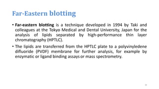 • Far-eastern blotting is a technique developed in 1994 by Taki and
colleagues at the Tokyo Medical and Dental University, Japan for the
analysis of lipids separated by high-performance thin layer
chromatography (HPTLC).
• The lipids are transferred from the HPTLC plate to a polyvinyledene
difluoride (PVDF) membrane for further analysis, for example by
enzymatic or ligand binding assays or mass spectrometry.
Far-Eastern blotting
38
 