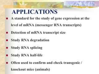 APPLICATIONS
 A standard for the study of gene expression at the
level of mRNA (messenger RNA transcripts)
 Detection of mRNA transcript size
 Study RNA degradation
 Study RNA splicing
 Study RNA half-life
 Often used to confirm and check transgenic /
knockout mice (animals)
 
