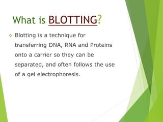What is BLOTTING?
 Blotting is a technique for
transferring DNA, RNA and Proteins
onto a carrier so they can be
separated, and often follows the use
of a gel electrophoresis.
 