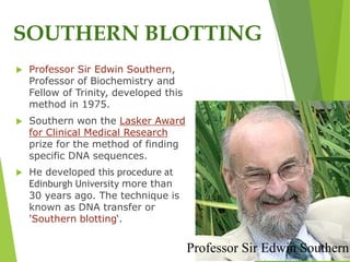 SOUTHERN BLOTTING
 Professor Sir Edwin Southern,
Professor of Biochemistry and
Fellow of Trinity, developed this
method in 1975.
 Southern won the Lasker Award
for Clinical Medical Research
prize for the method of finding
specific DNA sequences.
 He developed this procedure at
Edinburgh University more than
30 years ago. The technique is
known as DNA transfer or
'Southern blotting‘.
Professor Sir Edwin Southern
 