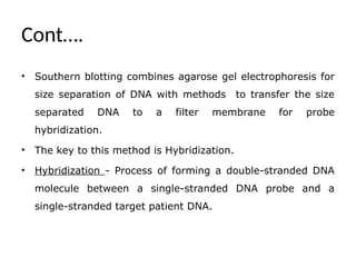 Cont….
• Southern blotting combines agarose gel electrophoresis for
size separation of DNA with methods to transfer the size
separated DNA to a filter membrane for probe
hybridization.
• The key to this method is Hybridization.
• Hybridization - Process of forming a double-stranded DNA
molecule between a single-stranded DNA probe and a
single-stranded target patient DNA.
 