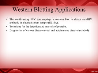Western Blotting Applications
• The confirmatory HIV test employs a western blot to detect anti-HIV
antibody in a human serum sample (ELISA).
• Technique for the detection and analysis of proteins.
• Diagnostics of various diseases (viral and autoimmune disease included)
 