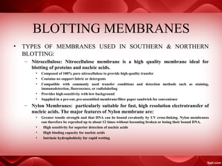 BLOTTING MEMBRANES
• TYPES OF MEMBRANES USED IN SOUTHERN & NORTHERN
BLOTTING:
– Nitrocellulose: Nitrocellulose membrane is a high quality membrane ideal for
blotting of proteins and nucleic acids.
• Composed of 100% pure nitrocellulose to provide high-quality transfer
• Contains no support fabric or detergents
• Compatible with commonly used transfer conditions and detection methods such as staining,
immunodetection, fluorescence, or radiolabeling
• Provides high-sensitivity with low background
• Supplied in a pre-cut, pre-assembled membrane/filter paper sandwich for convenience
– Nylon Membranes: particularly suitable for fast, high resolution electrotransfer of
nucleic acids. The major features of Nylon membrane are:
• Greater tensile strength and that DNA can be bound covalently by UV cross-linking. Nylon membranes
can therefore be reprobed up to about 12 times without becoming broken or losing their bound DNA.
• High sensitivity for superior detection of nucleic acids
• High binding capacity for nucleic acids
• Intrinsic hydrophobicity for rapid wetting
 