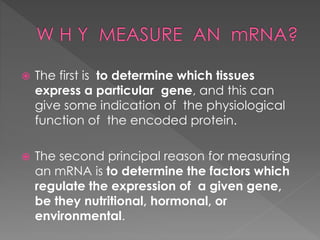  The first is to determine which tissues 
express a particular gene, and this can 
give some indication of the physiological 
function of the encoded protein. 
 The second principal reason for measuring 
an mRNA is to determine the factors which 
regulate the expression of a given gene, 
be they nutritional, hormonal, or 
environmental. 
 