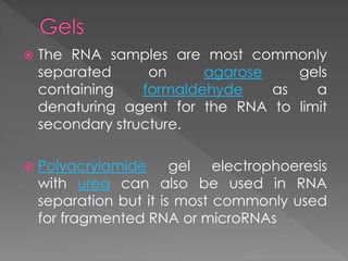  The RNA samples are most commonly 
separated on agarose gels 
containing formaldehyde as a 
denaturing agent for the RNA to limit 
secondary structure. 
 Polyacrylamide gel electrophoeresis 
with urea can also be used in RNA 
separation but it is most commonly used 
for fragmented RNA or microRNAs 
 