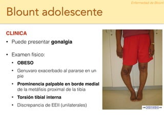 Blount adolescente
CLINICA!
• Puede presentar gonalgia
!
• Examen físico:
• OBESO
• Genuvaro exacerbado al pararse en un
pie
• Prominencia palpable en borde medial
de la metáﬁsis proximal de la tibia
• Torsión tibial interna
• Discrepancia de EEII (unilaterales)
Enfermedad de Blount
 
