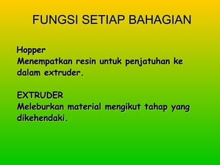 FFUUNNGGSSII SSEETTIIAAPP BBAAHHAAGGIIAANN 
HHooppppeerr 
MMeenneemmppaattkkaann rreessiinn uunnttuukk ppeennjjaattuuhhaann kkee 
ddaallaamm eexxttrruuddeerr.. 
EEXXTTRRUUDDEERR 
MMeelleebbuurrkkaann mmaatteerriiaall mmeennggiikkuutt ttaahhaapp yyaanngg 
ddiikkeehheennddaakkii.. 
 