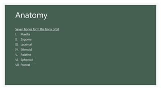 Anatomy
Seven bones form the bony orbit
I. Maxilla
II. Zygoma
III. Lacrimal
IV. Ethmoid
V. Palatine
VI. Sphenoid
VII. Frontal
 