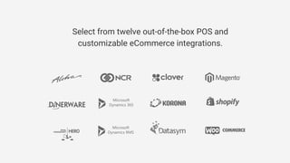 Select from twelve out-of-the-box POS and
customizable eCommerce integrations.
 