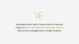 leveraging other best of breed tools to help you
create an all-in-one direct-to-consumer solution
that can be managed from a single location.
 