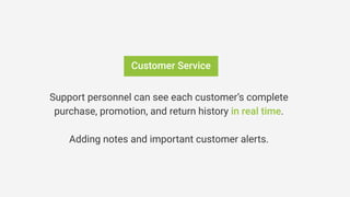 Customer Service
Support personnel can see each customer’s complete
purchase, promotion, and return history in real time.
Adding notes and important customer alerts.
 