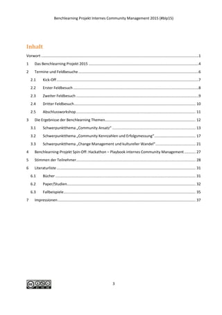 Benchlearning Projekt Internes Community Management 2015 (#blp15)
3
Inhalt
Vorwort .........................................................................................................................................................1
1 Das Benchlearning Projekt 2015 ...........................................................................................................4
2 Termine und Feldbesuche.....................................................................................................................6
2.1 Kick-Off..........................................................................................................................................7
2.2 Erster Feldbesuch..........................................................................................................................8
2.3 Zweiter Feldbesuch .......................................................................................................................9
2.4 Dritter Feldbesuch...................................................................................................................... 10
2.5 Abschlussworkshop.................................................................................................................... 11
3 Die Ergebnisse der Benchlearning Themen........................................................................................ 12
3.1 Schwerpunktthema „Community Ansatz“ ................................................................................. 13
3.2 Schwerpunktthema „Community Kennzahlen und Erfolgsmessung“........................................ 17
3.3 Schwerpunktthema „Change Management und kultureller Wandel“....................................... 21
4 Benchlearning-Projekt Spin-Off: Hackathon – Playbook internes Community Management........... 27
5 Stimmen der Teilnehmer.................................................................................................................... 28
6 Literaturliste....................................................................................................................................... 32
6.1 Bücher ........................................................................................................................................ 32
6.2 Paper/Studien............................................................................................................................. 33
6.3 Fallbeispiele................................................................................................................................ 36
7 Impressionen...................................................................................................................................... 38
 