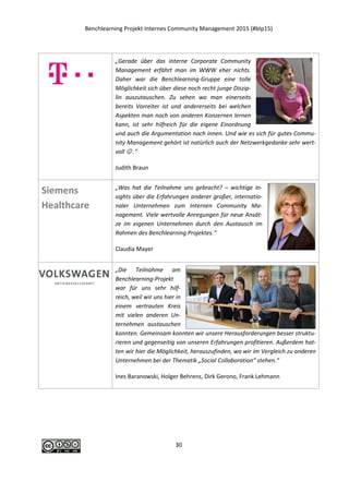 Benchlearning Projekt Internes Community Management 2015 (#blp15)
30
„Das Benchlearning hatte durch moderierte Treffen,
themenbezogene Umfragen und eine „social
networking platform“ persönliche und digitale
Komponenten, die sich gegenseitig ergänzten.
Dadurch haben sich wertvolle Praxiskontakte zu
internationalen Unternehmen entwickelt, mit denen
man sich zum Thema Internes Community
Management austauschen und voneinander lernen
konnte.“
Johanna Wolf
„Gerade über das interne Corporate Community
Management erfährt man im WWW eher nichts.
Daher war die Benchlearning-Gruppe eine tolle
Möglichkeit sich über diese noch recht junge Diszip-
lin auszutauschen. Zu sehen wo man einerseits
bereits Vorreiter ist und andererseits bei welchen
Aspekten man noch von anderen Konzernen lernen
kann, ist sehr hilfreich für die eigene Einordnung
und auch die Argumentation nach innen. Und wie es sich für gutes Commu-
nity Management gehört ist natürlich auch der Netzwerkgedanke sehr wert-
voll  .“
Judith Braun
Siemens
Healthcare
„Was hat die Teilnahme uns gebracht? – wichtige In-
sights über die Erfahrungen anderer großer, internatio-
naler Unternehmen zum Internen Community Ma-
nagement. Viele wertvolle Anregungen für neue Ansät-
ze im eigenen Unternehmen durch den Austausch im
Rahmen des Benchlearning Projektes.“
Claudia Mayer
 