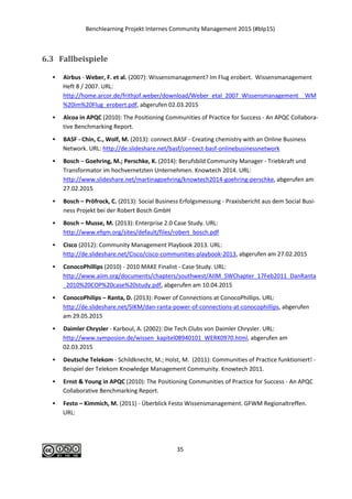 Benchlearning Projekt Internes Community Management 2015 (#blp15)
35
 McKinsey (2013): McKinsey global survey results evolution of the networked enterprise.
URL:http://de.slideshare.net/fred.zimny/mc-kinsey-global-survey-results-evolution-of-the-
networked-enterprise, abgerufen am 20.05.2015
 Niemeier, J. (2014): Leading the Transformation and Change Process. Enterprise 2.0 Summit
2014. URL: http://de.slideshare.net/JNiemeier/enterprise-20-summit-leading-the-
transformation-and-change-process, abgerufen am 28.05.2015
 North, K. et al. (2004): Wissenserzeugung und -Austausch in Wissensgemeinschaften Communi-
ties of Practice, QUEM-report, Heft 85
 Pleil, T. (2013): Positionspapier Kommunikation 2.0. URL:
http://de.slideshare.net/apalme2003/mooc-thomaspleilpositionspapierkommunikation20, ab-
gerufen am 03.06.2015
 PwC (2014): A perspective on Organizational Culture. URL:
http://www.strategyand.pwc.com/media/file/Strategyand-Perspective-on-Organizational-
Culture.pdf, abgerufen am 03.06.2015
 Richter, A. et al. (2013): Success Measurement of Enterprise Social Networks. In: Proceedings
11th International Conference on Wirtschaftsinformatik, Leipzig. URL:
http://www.kooperationssysteme.de/docs/pubs/Richter%20et%20al%202013_WI2013_Success
_Measurement_of_ESN.pdf, abgerufen am 20.05.2015
 Richter, A. et al. (2014): Erfolgsmessung von Enterprise Social Software: Wer? Was? Wie? URL:
http://www.kooperationssysteme.de/wp-content/cache/mendeley-file-cache/e610c81d-166d-
3750-9a9b-a9d7836c7033.pdf, abgerufen am 20.05.2015
 Rossi, K. (2013): Positionspapier Kommunikation 2.0.
URL:http://de.scribd.com/doc/177695646/Carsten-Rossi-Positionspapier-Kommunikaton-2-0,
abgerufen am 03.06.2015
 Schleuter, W. (2013): Change Management als Revolution von unten. URL:
http://www.bbdk.de/vortraege-
achiv.html?file=files/bbdk/dokumente/fruehjahrskolloquium/vortraege_2013/Vortrag_Schleute
r.pdf, abgerufen am 28.05.2015
 Wang, S.; Noe, R. A. (2009): Knowledge sharing: A review and directions for future research.
Human Resource Management Review. URL:
http://web.iaincirebon.ac.id/ebook/indrya/Inovasi/HR_Managament.pdf, abgerufen am
02.03.2015
 Wenger, E.; Snyder, W.M. (2000) - Communities of Practice: The Organizational Frontier. Har-
vard Business Review. January Issue. URL: https://hbr.org/2000/01/communities-of-practice-
the-organizational-frontier, abgerufen am 02.03.2015
 