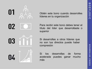 Obtén este bono cuando desarrolles
líderes en tu organización
Para recibir este bono debes tener el
título del líder que desarrollaste o
superior
Si desarrollas a otros líderes que
no son tus directos puede haber
compresión
Si los desarrollas de forma
acelerada puedes ganar mucho
más
 