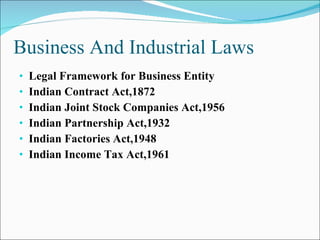 Business And Industrial Laws ,[object Object],[object Object],[object Object],[object Object],[object Object],[object Object]