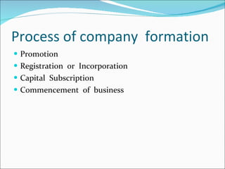 Process of company  formation <ul><li>Promotion  </li></ul><ul><li>Registration  or  Incorporation </li></ul><ul><li>Capit...