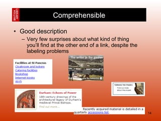 Good description Very few surprises about what kind of thing you’ll find at the other end of a link, despite the labeling problems Comprehensible 