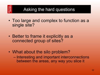 Too large and complex to function as a single site? Better to frame it explicitly as a connected group of sites? What about the silo problem? Interesting and important interconnections between the areas, any way you slice it Asking the hard questions 