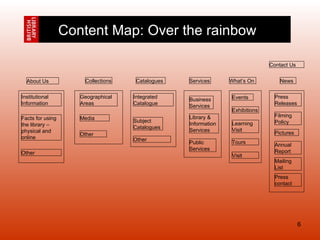 About Us Collections Catalogues Services What’s On News Contact Us Press Releases Filming Policy Pictures Annual Report Mailing List Press contact Events Exhibitions Learning Visit Tours Visit Institutional Information Facts for using the library – physical and online Other Geographical Areas Media Other Integrated Catalogue Subject Catalogues Other Business Services Library & Information Services Public Services Content Map: Over the rainbow 