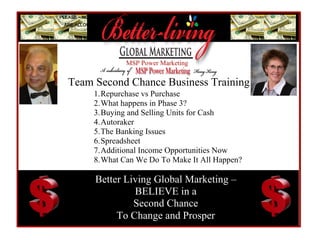 • Retail Bonus
• Leadership Bonus
• BINGO Bonus (Binary Bonus)
• Profit Sharing
• Retirement Plan
MSP Power Marketing
Team Second Chance Business Training
Better Living Global Marketing –
BELIEVE in a
Second Chance
To Change and Prosper
1.Repurchase vs Purchase
2.What happens in Phase 3?
3.Buying and Selling Units for Cash
4.Autoraker
5.The Banking Issues
6.Spreadsheet
7.Additional Income Opportunities Now
8.What Can We Do To Make It All Happen?
PLEASE – NO RECORDING DEVICES OF ANY KIND
ARE ALLOWED DURING THIS PRESENTATION
 