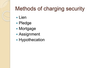 Methods of charging security
 Lien
 Pledge
 Mortgage
 Assignment
 Hypothecation
 