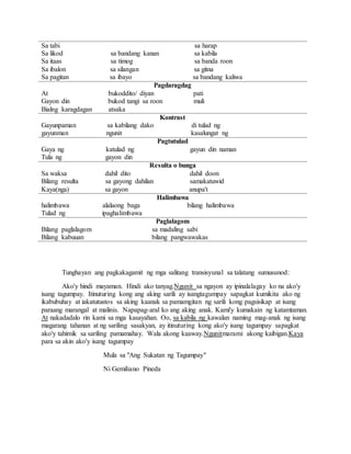 Sa tabi sa harap
Sa likod sa bandang kanan sa kabila
Sa itaas sa timog sa banda roon
Sa ibalon sa silangan sa gitna
Sa pagitan sa ibayo sa bandang kaliwa
Pagdaragdag
At bukoddito/ diyan pati
Gayon din bukod tangi sa roon muli
Bialng karagdagan atsaka
Kontrast
Gayunpaman sa kabilang dako di tulad ng
gayunman ngunit kasalungat ng
Pagtutulad
Gaya ng katulad ng gayun din naman
Tula ng gayon din
Resulta o bunga
Sa waksa dahil dito dahil doon
Bilang resulta sa gayong dahilan samakatuwid
Kaya(nga) sa gayon anupa't
Halimbawa
halimbawa alalaong baga bilang halimbawa
Tulad ng ipaghalimbawa
Paglalagom
Bilang paglalagom sa madaling sabi
Bilang kabuuan bilang pangwawakas
Tunghayan ang pagkakagamit ng mga salitang transisyunal sa talatang sumusunod:
Ako'y hindi mayaman. Hindi ako tanyag.Ngunit sa ngayon ay ipinalalagay ko na ako'y
isang tagumpay. Itinuturing kong ang aking sarili ay isangtagumpay sapagkat kumikita ako ng
ikabubuhay at iakatutustos sa aking kaanak sa pamamgitan ng sarili kong pagsisikap at isang
paraang marangal at malinis. Napapag-aral ko ang aking anak. Kami'y kumakain ng katamtaman.
At nakadadalo rin kami sa mga kasayahan. Oo, sa kabila ng kawalan naming mag-anak ng isang
magarang tahanan at ng sariling sasakyan, ay itinuturing kong ako'y isang tagumpay sapagkat
ako'y tahimik sa sariling pamamahay. Wala akong kaaway.Ngunitmarami akong kaibigan.Kaya
para sa akin ako'y isang tagumpay
Mula sa "Ang Sukatan ng Tagumpay"
Ni Gemiliano Pineda
 