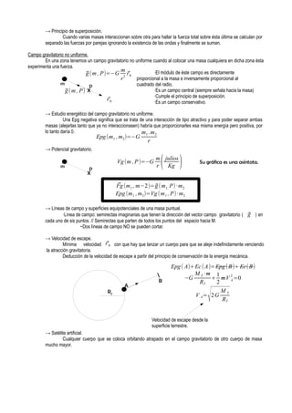 → Principio de superposición.
Cuando varias masas interaccionan sobre otra para hallar la fuerza total sobre ésta última se calculan por
separado las fuerzas por parejas ignorando la existencia de las ondas y finalmente se suman.
Campo gravitatorio no uniforme.
En una zona tenemos un campo gravitatorio no uniforme cuando al colocar una masa cualquiera en dicha zona ésta
experimenta una fuerza.
m
·El módulo de éste campo es directamente
g
⃗ (m , P)=−G 2 r 0
⃗
proporcional a la masa e inversamente proporcional al
r
m
cuadrado del radio.
P
·Es un campo central (siempre señala hacia la masa)
X
g
⃗ ( m , P)
·Cumple el principio de superposición.
r0
⃗
·Es un campo conservativo.
→ Estudio energético del campo gravitatorio no uniforme.
Una Epg negativa significa que se trata de una interacción de tipo atractivo y para poder separar ambas
masas (alejarlas tanto que ya no interaccionasen) habría que proporcionarles esa misma energía pero positiva, por
lo tanto daría 0.
m1 . m2

Epg (m1 , m2)=−G

r

→ Potencial gravitatorio.
m

Vg (m , P )=−G
P

(

m julios
r
Kg

)

Su gráfica es una asíntota.

X

⃗
Fg (m 1 , m−2)= ⃗ (m 1, P)· m 2
g
Epg (m1 , m2)=Vg (m 1 , P)· m 2
→ Líneas de campo y superficies equipotenciales de una masa puntual.
g
·Línea de campo: semirectas imaginarias que tienen la dirección del vector campo gravitatorio ( ⃗ ) en
cada uno de sis puntos. // Semirectas que parten de todos los puntos del espacio hacia M.
~Dos líneas de campo NO se pueden cortar.
→ Velocidad de escape.
⃗
Mínima velocidad r 0 con que hay que lanzar un cuerpo para que se aleje indefinidamente venciendo
la atracción gravitatoria.
Deducción de la velocidad de escape a partir del principio de conservación de la energía mecánica.

A
RT

B

Epg ( A)+Ec (A)=Epg (B)+ Ec(B)
M ·m 1
−G T + mV 2 =0
A
RT
2
M
V A= 2 G T
RT

√

Velocidad de escape desde la
superficie terrestre.
→ Satélite artificial.
Cualquier cuerpo que se coloca orbitando atrapado en el campo gravitatorio de otro cuerpo de masa
mucho mayor.

 