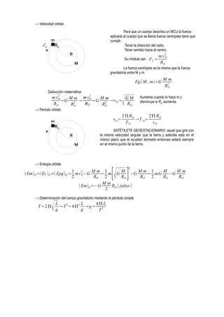 → Velocidad orbital.
Para que un cuerpo describa un MCU la fuerza
aplicada al cuerpo que se llama fuerza centrípeta tiene que
cumplir .
·Tener la dirección del radio.
·Tener sentido hacia el centro.

m

vO
⃗

RO
R

2

·Su módulo ser: F C =

M

m vO
RO

La fuerza centrípeta es la misma que la fuerza
gravitatoria entre M y m.

Fg ( M , m)=G

Mm
R2
O

Deducción matemática:
2
m v2
M m m vO
Mm
GM
O
=G 2 →
=G 2 → v O =
RO
RO
RO
RO
RO

√

→ Periodo orbital.

vO=

m
RO
R
M

Aumenta cuando lo hace m y
disminuye si RO aumenta.

2 Π RO
2 Π RO
→T O=
TO
vO

SATÉTILETE GEOESTACIONARIO: aquel que gira con
la misma velocidad angular que la tierra y además esta en el
mismo plano que el ecuador terrestre entonces estará siempre
en el mismo punto de la tierra.

→ Energía orbital.
2

[√ ]

1
Mm 1
M
Mm 1
M
Mm
(Em)O =(Ec)O +( Epg)O = mv 2 −G
= m G
−G
= mG
−G
O
2
RO 2
RO
RO 2
RO
RO
Mm
(Em)O =−G
RO ( julios )
2
→ Determinación del campo gravitatorio mediante el péndulo simple.

T =2 Π

√

L
L
4Π L
→ T 2=4 Π 2 → g = 2
g
g
T

 