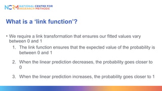 What is a ‘link function’?
• We require a link transformation that ensures our fitted values vary
between 0 and 1
1. The link function ensures that the expected value of the probability is
between 0 and 1
2. When the linear prediction decreases, the probability goes closer to
0
3. When the linear prediction increases, the probability goes closer to 1
 