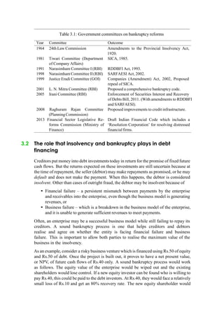 Table 3.1: Government committees on bankruptcy reforms
Year Committee Outcome
1964 24th Law Commission Amendments to the Provincial Insolvency Act,
1920.
1981 Tiwari Committee (Department
of Company Affairs)
SICA, 1985.
1991 Narasimham Committee I (RBI) RDDBFI Act, 1993.
1998 Narasimham Committee II(RBI) SARFAESI Act, 2002.
1999 Justice Eradi Committee (GOI) Companies (Amendment) Act, 2002, Proposed
repeal of SICA.
2001 L. N. Mitra Committee (RBI) Proposed a comprehensive bankruptcy code.
2005 Irani Committee (RBI) Enforcement of Securities Interest and Recovery
of Debts Bill, 2011. (With amendments to RDDBFI
and SARFAESI).
2008 Raghuram Rajan Committee
(PlanningCommission)
2013 Financial Sector Legislative Re-
forms Commission (Ministry of
Finance)
Proposed improvements to credit infrastructure.
Draft Indian Financial Code which includes a
„Resolution Corporation‟ for resolving distressed
financialfirms.
3.2 The role that insolvency and bankruptcy plays in debt
financing
Creditors put money into debt investments today in return for the promise of fixed future
cash flows. But the returns expected on these investments are still uncertain because at
the time of repayment, the seller (debtor) may make repayments as promised, or he may
default and does not make the payment. When this happens, the debtor is considered
insolvent. Other than cases of outright fraud, the debtor may be insolvent because of
• Financial failure – a persistent mismatch between payments by the enterprise
and receivables into the enterprise, even though the business model is generating
revenues, or
• Business failure – which is a breakdown in the business model of the enterprise,
and it is unable to generate sufficient revenues to meet payments.
Often, an enterprise may be a successful business model while still failing to repay its
creditors. A sound bankruptcy process is one that helps creditors and debtors
realise and agree on whether the entity is facing financial failure and business
failure. This is important to allow both parties to realise the maximum value of the
business in the insolvency.
As an example, consider a risky business venture which is financed using Rs.50 of equity
and Rs.50 of debt. Once the project is built out, it proves to have a net present value,
or NPV, of future cash flows of Rs.40 only. A sound bankruptcy process would work
as follows. The equity value of the enterprise would be wiped out and the existing
shareholders would lose control. If a new equity investor can be found who is willing to
pay Rs.40, this could be paid to the debt investors. At Rs.40, they would face a relatively
small loss of Rs.10 and get an 80% recovery rate. The new equity shareholder would
 