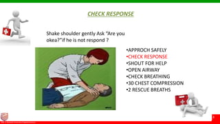 © Ramaiah University of Applied Sciences
8
Faculty of Pharmacy©M. S. Ramaiah University of Applied Sciences
8
CHECK RESPONSE
Shake shoulder gently Ask “Are you
okea?”if he is not respond ?
•APPROCH SAFELY
•CHECK RESPONSE
•SHOUT FOR HELP
•OPEN AIRWAY
•CHECK BREATHING
•30 CHEST COMPRESSION
•2 RESCUE BREATHS
 