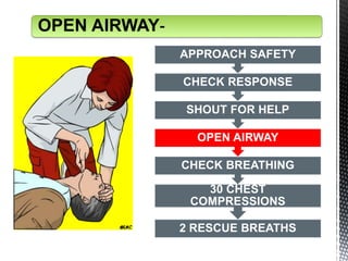 2 RESCUE BREATHS
30 CHEST
COMPRESSIONS
CHECK BREATHING
OPEN AIRWAY
SHOUT FOR HELP
CHECK RESPONSE
APPROACH SAFETY
OPEN AIRWAY-
 