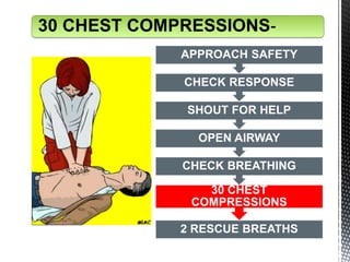2 RESCUE BREATHS
30 CHEST
COMPRESSIONS
CHECK BREATHING
OPEN AIRWAY
SHOUT FOR HELP
CHECK RESPONSE
APPROACH SAFETY
30 CHEST COMPRESSIONS-
 