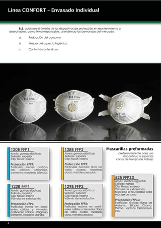 Línea CONFORT – Envasado Individual


      BLS, actúa en el ámbito de los dispositivos de protección sin mantenimiento o
desechables, como firma responsable, atendiendo las demandas del mercado:

          a.     Reducción del consumo

          b.     Mejora del aspecto higiénico

          c.     Confort durante el uso




    120B FFP1                              128B FFP2                        Mascarillas preformadas
    Arnés: gomas elásticas                 Arnés: gomas elásticas                preferentemente para uso
    Sellado: superior                      Sellado: superior                         discontinuo o espacios
    Clip Nasal: inserto                    Clip Nasal: inserto                  cortos de tiempo de trabajo
    Protección FFP1:                       Protección FFP2:
    Partículas inertes: carbon-            Partículas nocivas: fibra de
    ato    cálcico,   Magnesio,            vidrio,  cuarzo,   maderas
    cemento, maderas blandas               duras, metales pesados

                                                                                525 FFP3D
                                                                                Arnés: elastici regolabili
                                                                                Sellado: totale
    122B FFP1                              129B FFP2                            Clip Nasal: esterno
    Arnés: gomas elásticas                 Arnés: gomas elásticas               Válvula de exhalación
    Sellado: superior                      Sellado: superior                    Marcado D: reutilizable para
    Clip Nasal: inserto                    Clip Nasal: inserto                  más de un turno
    Válvula de exhalación                  Válvula de exhalación
                                                                                Protección FFP3D:
    Protección FFP1:                       Protección FFP2:                     Partículas tóxicas: fibras de
    Partículas inertes en ambi-            Partículas nocivas en ambi-          Amianto, Níquel, Cromo,
    entes cálidos y húmedos:               entes cálidos y húmedos: fibra       Plomo, activos farmacéuti-
    carbonato cálcico, Magnesio,           de vidrio, cuarzo, maderas           cos.
    cemento, maderas blandas               duras, metales pesados


4
 