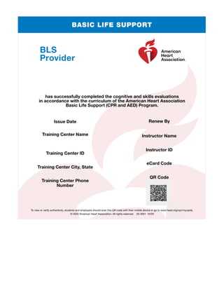 BASIC LIFE SUPPORT
BLS
Provider
has successfully completed the cognitive and skills evaluations
in accordance with the curriculum of the American Heart Association
Basic Life Support (CPR and AED) Program.
Issue Date
Training Center Name
Training Center ID
Training Center City, State
Training Center Phone
Number
Renew By
Instructor Name
Instructor ID
eCard Code
QR Code
To view or verify authenticity, students and employers should scan this QR code with their mobile device or go to www.heart.org/cpr/mycards.
© 2020 American Heart Association. All rights reserved.  20-3001  10/20
Zain Abidin
09/2023
9/25/2021
Cooper University Hospital - Cooper Health System Mitchell Siegel
05060090691
NJ00585
215416078082
Camden, NJ
(856) 342-2009
 
