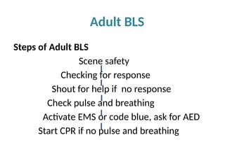 Adult BLS
Steps of Adult BLS
Scene safety
Checking for response
Shout for help if no response
Check pulse and breathing
Activate EMS or code blue, ask for AED
Start CPR if no pulse and breathing
 