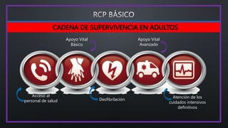 CADENA DE SUPERVIVENCIA EN ADULTOS
Acceso al
personal de salud
Apoyo Vital
Básico
Desfibrilación
Apoyo Vital
Avanzado
Atención de los
cuidados intensivos
definitivos
 